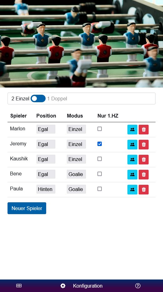 Webseite mit einer Tabelle konfigurierter Spieler mit Einstellungen zu Einspielmoduspräferenz, präferierter Position, und ob nur 1. Halbzeit